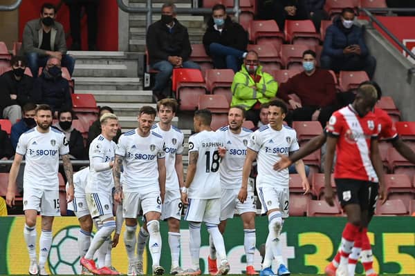 JOB DONE: For Leeds United and Patrick Bamford, back middle, as Tuesday evening's 2-0 win at Southampton, above, sealed a Premier League top-half finish for the first time in 19 years. Photo by Neil Hall - Pool/Getty Images.