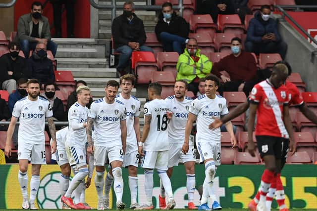 JOB DONE: For Leeds United and Patrick Bamford, back middle, as Tuesday evening's 2-0 win at Southampton, above, sealed a Premier League top-half finish for the first time in 19 years. Photo by Neil Hall - Pool/Getty Images.