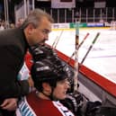 SUCCESS STORY: Dave Whistle, left, pictured talking to defenceman Todd Kelman at the Odyssey Arena in the 2001-02 Superleague campaign, which saw Belfast Giants win the regular season title. Picture: Michael Cooper/Getty Images.