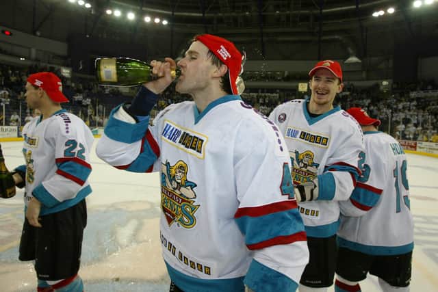 SWEET TASTE OF SUCCESS: Todd Kelman celebrates with the Monteith Bowl trophy celebrating Belfast Giants winning the 2001-2002 Superleague Championship. Picture: Michael Cooper/Getty Images.
