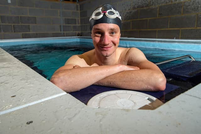 Double Olympic gold medalist Alistair Brownlee doing his swim training in an 'endless pool' which he's had built in his garage in Leeds, after the Corona Virus lockdown has stopped his normal swimming pool training.