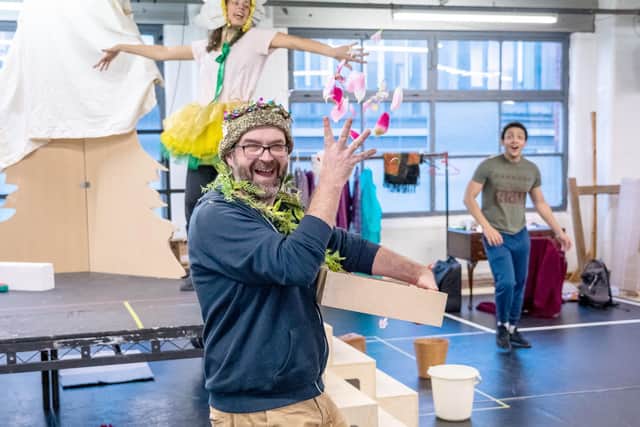 Christopher Chilton (Penith Henderson), Stephanie Rutherford (Ascot Brown) and Kyle O Gara (Wallis) in rehearsals for Fairy Poppins and the Naughty Winter Ghost at Leeds Playhouse. Photograph: Anthony Robling