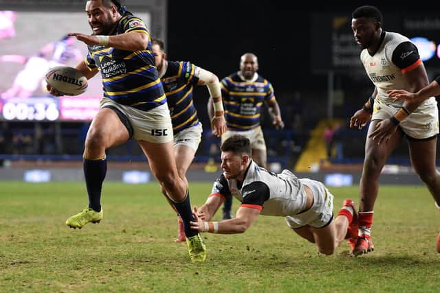 Konrad Hurrell on his way to scoring against Toronto in March, 2020 - the last time Rhinos played in front of a crowd. Picture by Jonathan Gawthorpe.