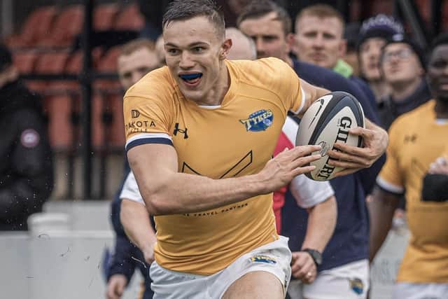 Winger Harry Jukes gets away from a tackle during Leeds Tykes’ 20-19 victory over Leeds Beckett University in the Ventur Cup last weekend. Picture: John Ashton.