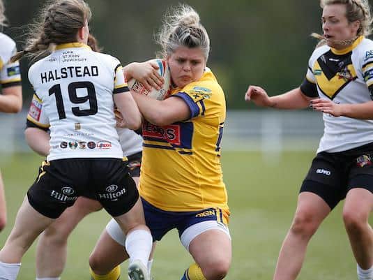 Aimee Staveley on the ball for Rhinos against York this season. Picture by Ed Sykes/SWpix.com.
