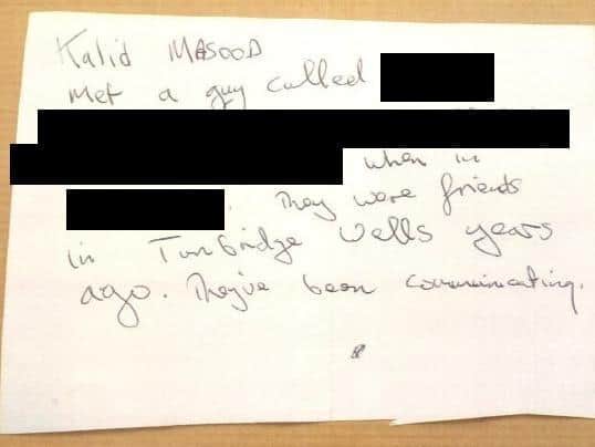 A note written by Gerald Banyard which was in a package he sent to Brighton police station which claimed to be from an American tourist called Kevin who had found a suspicious note in his hotel room.