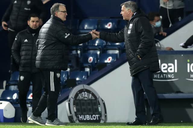 Leeds United head coach Marcelo Bielsa and West Bromwich Albion manager Sam Allardyce at the Hawthorns earlier this season. Picture: Dave Rogers/PA Wire
.