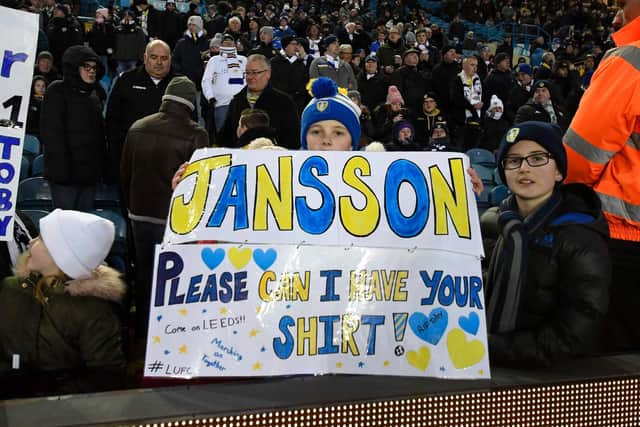 The Elland Road faithful show their support for Pontus Jansson ahead of Leeds United's Championship clash against Norwich City in February 2019.
