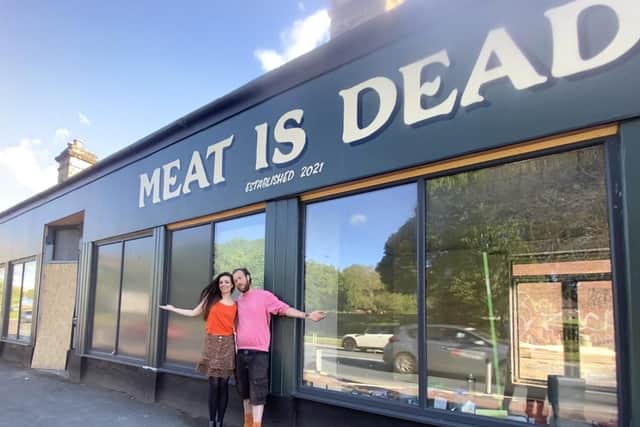 Vic and Joe outside Meat is Dead in Kirkstall Road.