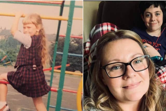 Hayley Johnson (nee Windle) pictured as a schoolgirl and today with her son.