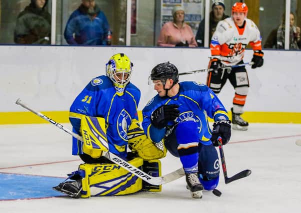Leeds Knights' netminder Sam Gospel and defenceman Lewis Baldwin, right, are excited at the prospect of working with new head coach Dave Whistle. 
Picture courtesy of Mark Ferriss.