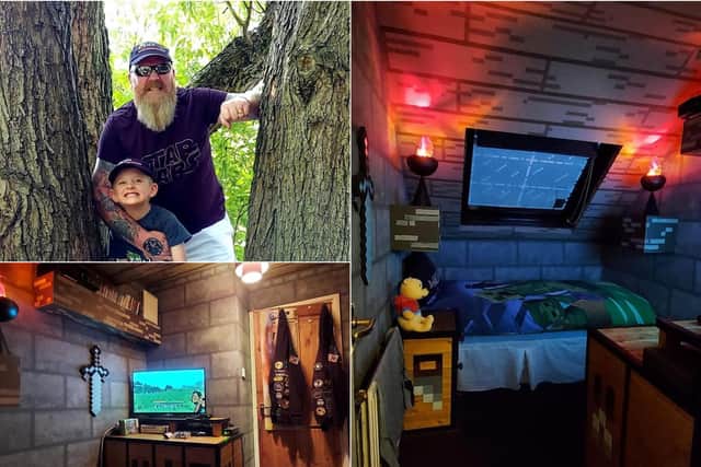 Mark McFarlane, 48, let his grandchildren Oscar, 7, and Finn, 4, watch the progress of their incredible new bedroom on Facetime as he got to work creating shelves, cupboards and wall decorations inspired by the hit video game.