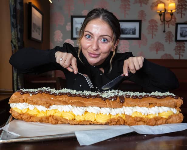 Jamie Wilson, 27, has challenged dessert lovers to try to tame the ‘eclair to end all eclairs’ - but said the dessert would scare even the most sweet toothed among us.
cc SWNS
