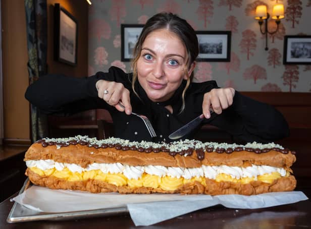Jamie Wilson, 27, has challenged dessert lovers to try to tame the ‘eclair to end all eclairs’ - but said the dessert would scare even the most sweet toothed among us.
cc SWNS