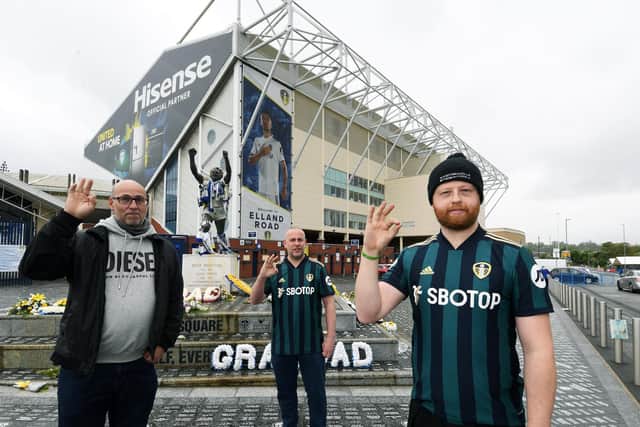A Leeds United fan is organising a walk from Manchester United's Old Trafford stadium to Elland Road to raise awareness of male suicide.
James Offlow (right) said he has been surprised by the amount of support for the walk, which will also raise cash for charity Andys Man Club.
Pictured with Craig and Gavin Longthorn, who are also part of the team taking Picture : Jonathan Gawthorpe