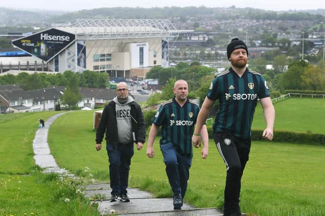 A Leeds United fan is organising a walk from Manchester United's Old Trafford stadium to Elland Road to raise awareness of male suicide.
 James Offlow (right) said he has been surprised by the amount of support for the walk, which will also raise cash for charity Andys Man Club.
 Pictured with Craig and Gavin Longthorn, who are also part of the team taking part.
Picture : Jonathan Gawthorpe