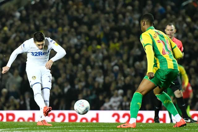 RAPID: Spanish magician Pablo Hernandez fires Leeds United in front after just 16 seconds of the Championship clash at home to West Brom of March 2019. Photo by George Wood/Getty Images.