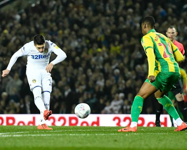RAPID: Spanish magician Pablo Hernandez fires Leeds United in front after just 16 seconds of the Championship clash at home to West Brom of March 2019. Photo by George Wood/Getty Images.