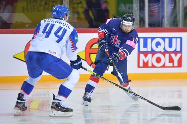 BANG!" Liam Kirk fires in GB's second period equaliser against Slovakia in Riga. Picture courtesy of Dean Woolley.
