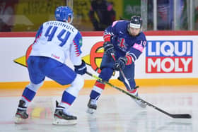 BANG!" Liam Kirk fires in GB's second period equaliser against Slovakia in Riga. Picture courtesy of Dean Woolley.