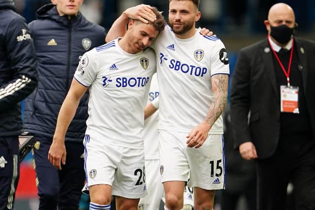 Leeds United's Stuart Dallas with Gaetano Berardi at Elland Road. Pic: Getty