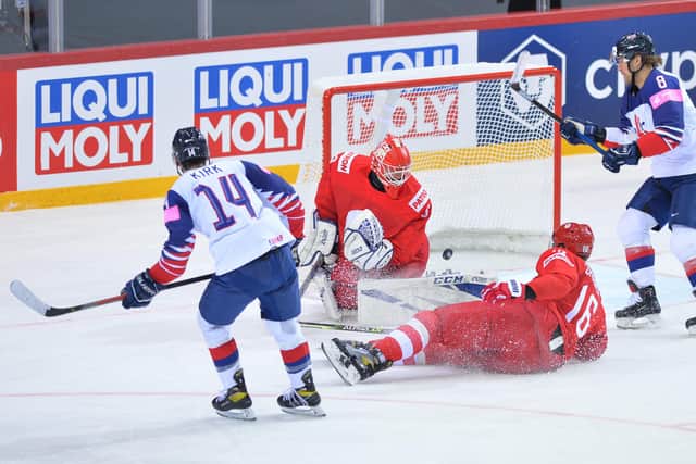 Liam Kirk scores his first senior GB goal in the 7-1 defeat to Russia. Picture: Dean Woolley.