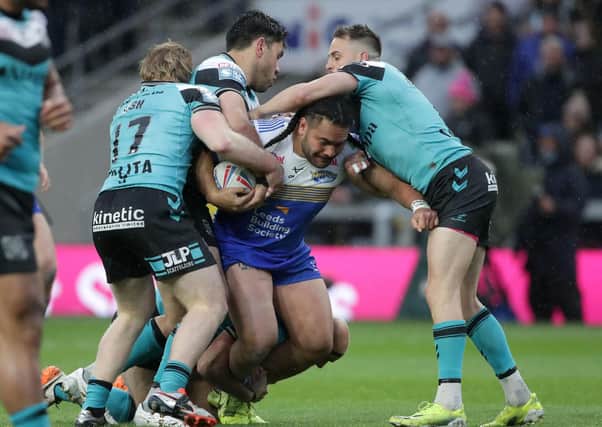 No way through the Hull defence for Leeds Rhinos' Konrad Hurrell. Picture: Richard Sellers/PA Wire.