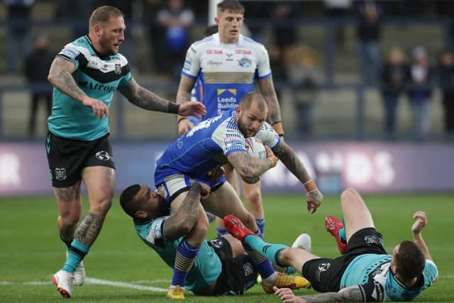 Leeds Rhinos' Luke Briscoe tries to make headway in the defeat to Hull FC. Picture: Richard Sellers/PA Wire.
