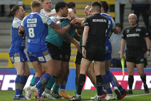 Tempers flared between Leeds and Hull players towards the end of Sunday's game at Emerald Headingley. Picture: Richard Sellers/PA Wire.