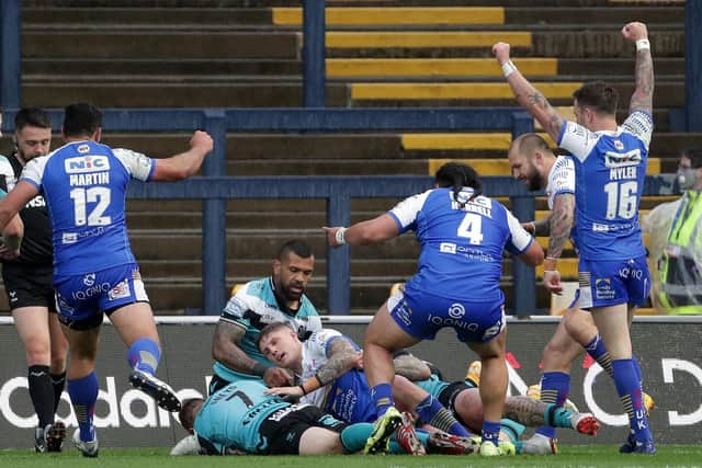 Leeds Rhinos' Liam Sutcliffe scores during the Betfred Super League match against Hull. Picture: Richard Sellers/PA Wire.