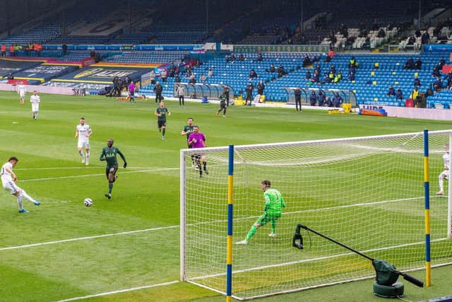 NOTABLE SUCCESS: Record signing Rodrigo fires home Leeds United's third goal in this month's 3-1 victory at home to Tottenham as a first 'big six' club is beaten at Elland Road. Picture by Bruce Rollinson.