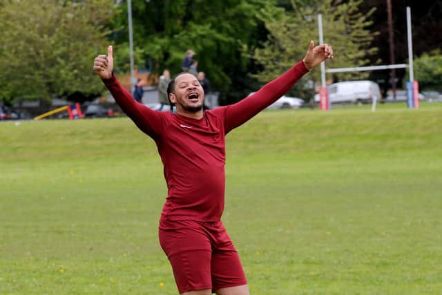Little London's Kyle Jefferey celebrates scoring late to ensure a 3-0 win over Leeds Combination League Division 3 title rivals Old Crooked Clock. Pictures: Steve Riding.