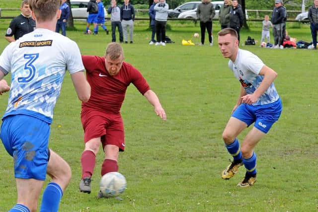 Mark Hill scores for Little London against Old Crooked Clock in Leeds Combination League Division 3. Picture: Steve Riding.