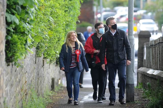 Labour candidate Kim Leadbeater, the sister of murdered MP Jo Cox, on the campaign trail in Heckmondwike, West Yorkshire, with Sheffield City Region mayor Dan Jarvis ahead of the the Batley and Spen by-election. Pic: Simon Hulme