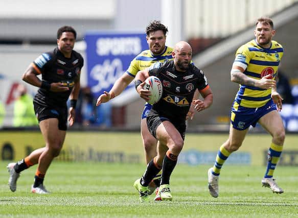 Paul McShane on the attack for Tigers at Warrington last weekend. Picture by Paul Currie/SWpix.com.