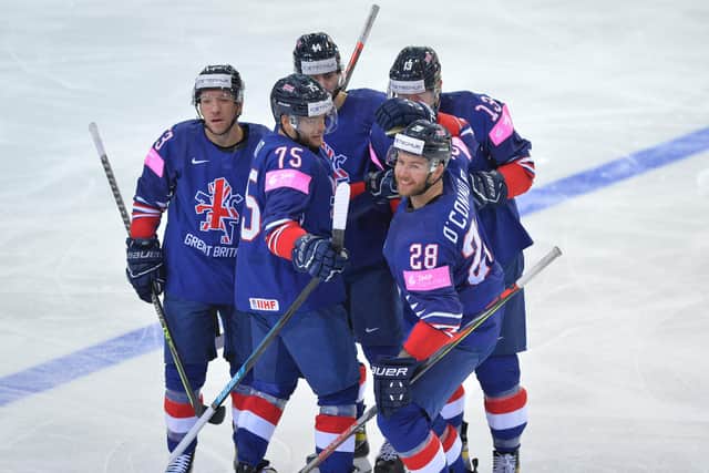 OPENING SALVO: Ben O’Connor (No 28) celebrates his early goal which gave Gb the lead in Riga agaisnt Denmark. Picture: Dean Woolley