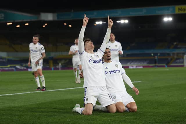 THANK YOU: From Spanish international defender Diego Llorente, left, to Leeds United's fans. Photo by LEE SMITH/POOL/AFP via Getty Images.