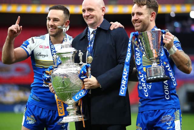 Luke Gale, left and Richie Myler, right - with coach Richard Agar at Wembley last year - are a key combination for Rhinos. Picture by Michael Steele/Getty Images.