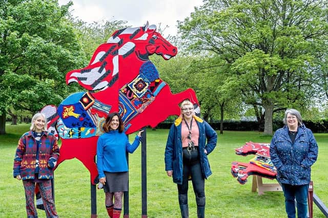 Amelia Wood (artist), Rosie Vohra (artist), Alice Boulton-Breeze (Creative Producer at Assembly House), Joanne Brophy (Hookers and Clickers) with the new horse sculptures.
