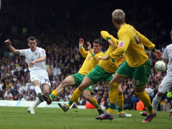 Jonny Howson fires home an equaliser against Bristol Rovers at Elland Road in May 2010. PIC: Varley Picture Agency