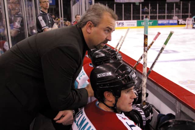GOOD RECRUITER: Whistle on the bench with Todd Kelman, right, during Belfast Giants' Super league-winning season in 2002. Picture: Michael Cooper/Getty Images