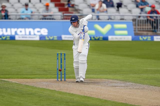 Role reversal: Captain and bowler Steve Patterson hit 27 with the bat as Yorkshire toiled at Old Trafford. Picture: John Heald