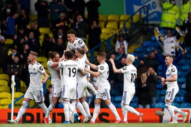 Leeds United celebrate at Elland Road on the final day of the Premier League season. Pic: Getty