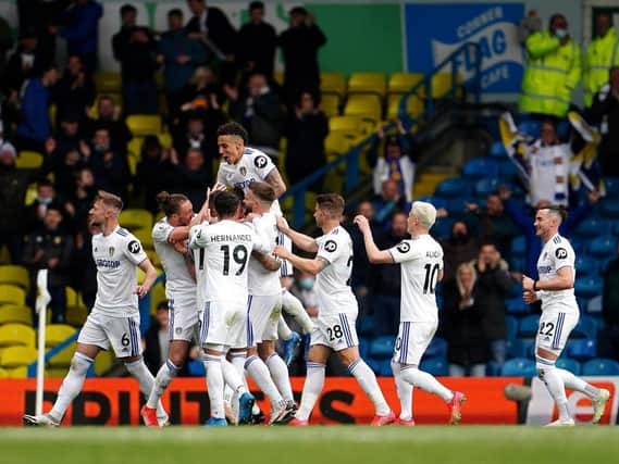 Leeds United celebrate at Elland Road on the final day of the Premier League season. Pic: Getty