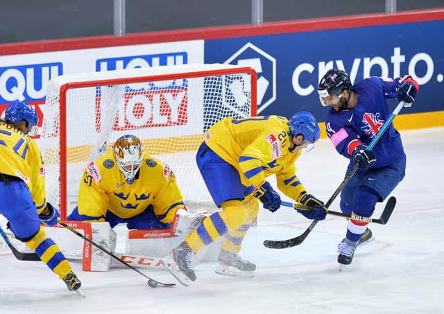 ON TARGET: Liam Kirk, far right, scopreer of Great Britain's goal, battles for possession in front of the Sweden net. Picture: Dean Woolley.