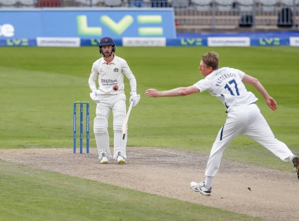 SO CLOSE: Yorkshire captain Steve Patterson narrowly misses out on a caught and bowled chance from Lancashire's Josh Bohannon. Picture: John Heald.