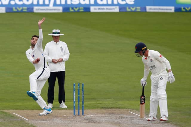 Yorkshire's  Duanne Olivier steams in at Old Trafford. Picture: John Heald.