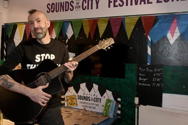 Singer Songwriter Jon Gomm, based in Leeds, with his prototype Ibanez guitar he was loaning to the Sounds of The City exhibition at the Kirkstall Abbey House Museum.