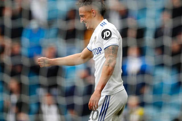 THUMBS UP: From Leeds United's record signing Rodrigo, pictured after netting the opening goal in the season finale victory at home to West Brom. Photo by Lynne Cameron - Pool/Getty Images.