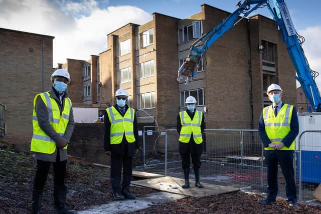 Peter Kabuga (biomedical scientist), Olorunda Rotimi (clinical director for pathology), Dr Phil Wood (chief medical officer for Leeds Teaching Hospitals Trust), Julian Hartley (chief executive of Leeds Teaching Hospitals Trust) on site.